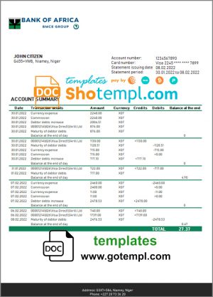 editable template, Niger Bank of Africa bank statement template in Word and PDF format