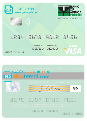 editable template, Niger Bank of Africa visa debit card, fully editable template in PSD format