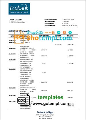 editable template, Niger Ecobank bank statement template in Word and PDF format