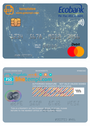 editable template, Niger Ecobank mastercard, fully editable template in PSD format