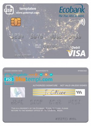 editable template, Niger Ecobank visa debit card, fully editable template in PSD format