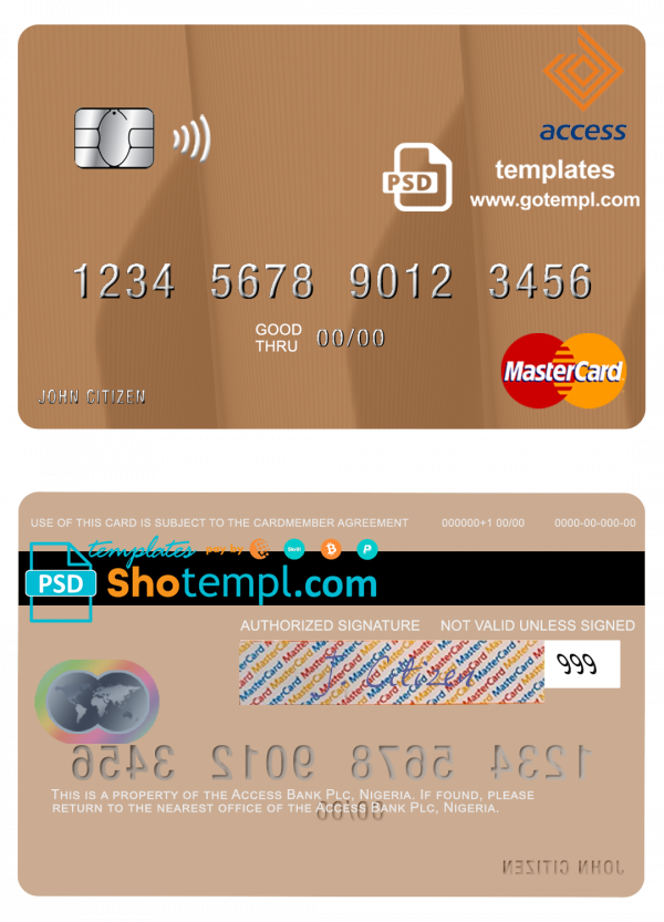 editable template, Nigeria Access Bank Plc mastercard, fully editable template in PSD format