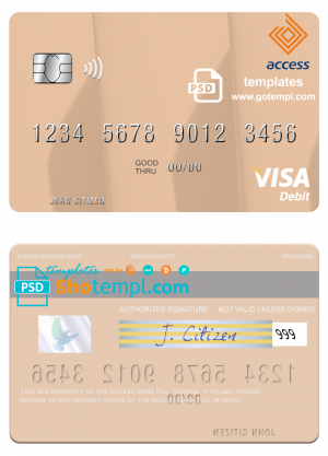 editable template, Nigeria Access Bank Plc visa debit card, fully editable template in PSD format