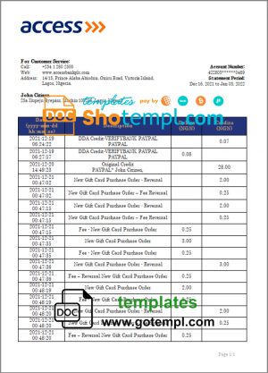 editable template, Nigeria Access bank statement template in Word and PDF format