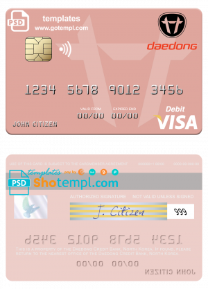 editable template, North Korea Daedong Credit Bank visa debit card, fully editable template in PSD format