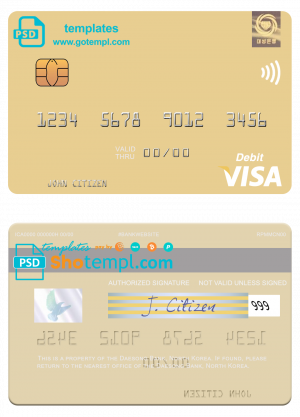 editable template, North Korea Daesong Bank visa debit card, fully editable template in PSD format