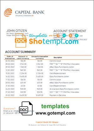 editable template, North Macedonia Capital Bank bank statement template in Word and PDF format