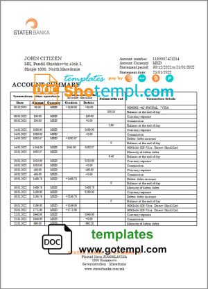 editable template, North Macedonia Stater Banka bank statement template in Word and PDF format