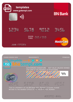 editable template, Norway BN Bank ASA mastercard, fully editable template in PSD format