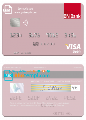 editable template, Norway BN Bank ASA visa debit card, fully editable template in PSD format