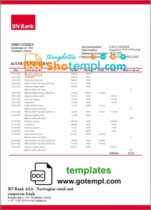 editable template, Norway BN bank statement template in Word and PDF format