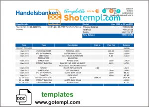 editable template, Norway Handelsbank bank statement template in Word and PDF format