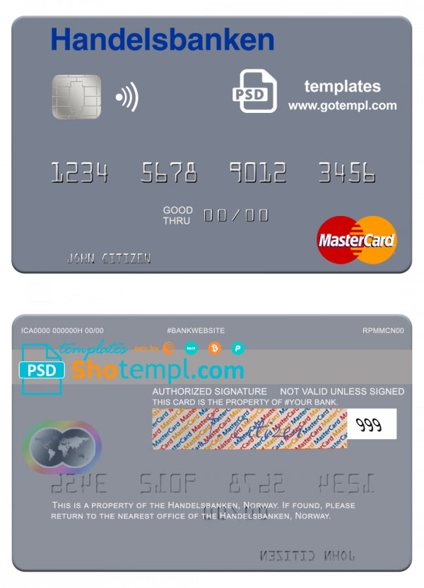 editable template, Norway Handelsbanken mastercard, fully editable template in PSD format