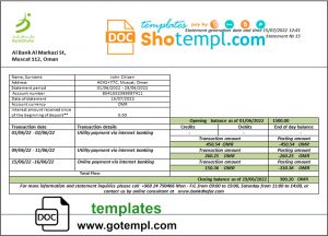 editable template, Oman Bank Dhofar bank statement template in Word and PDF format