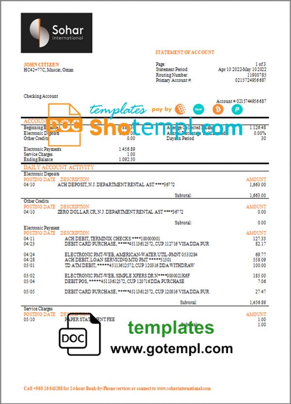 editable template, Oman Sohar International bank statement template in Word and PDF format