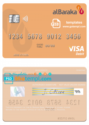 editable template, Pakistan Al Baraka Bank visa debit card, fully editable template in PSD format