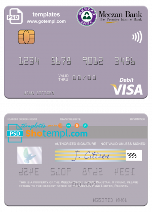 editable template, Pakistan Meezan Bank Limited visa debit card, fully editable template in PSD format