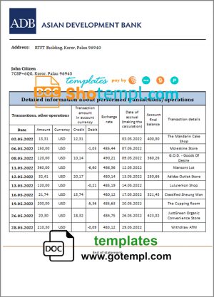 editable template, Palau ADB bank statement template in Word and PDF format