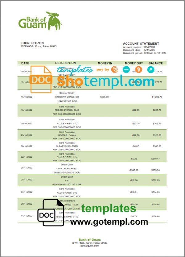 editable template, Palau Bank of Guam bank statement template in Word and PDF format