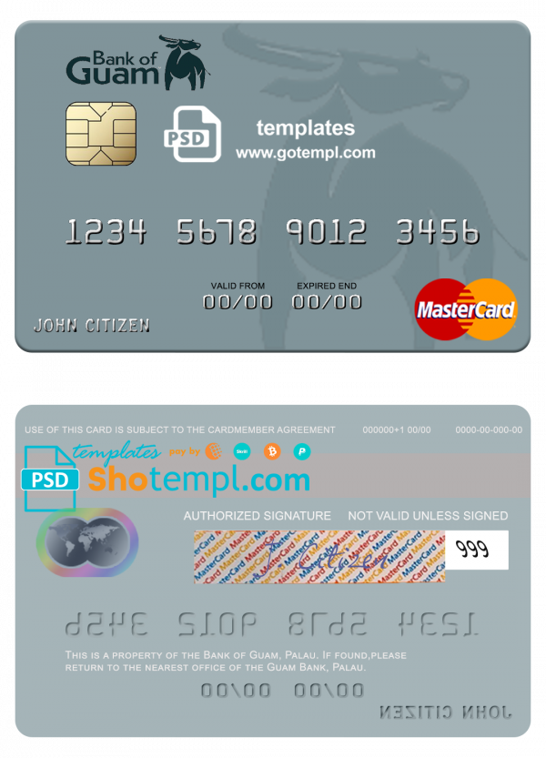 editable template, Palau Bank of Guam mastercard, fully editable template in PSD format