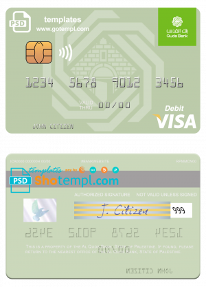 editable template, Palestine Al Quds Bank visa debit card, fully editable template in PSD format