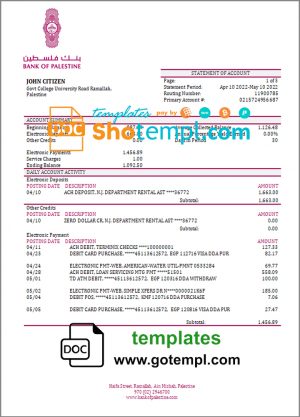 editable template, Palestine Bank of Palestine bank statement template in Word and PDF format