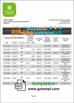 editable template, Palestine Quds bank statement template in Word and PDF format