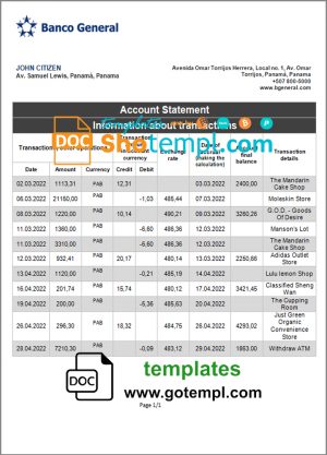 editable template, Panama Banco General bank statement template in Word and PDF format
