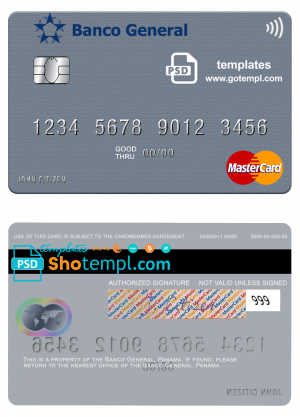 editable template, Panama Banco General mastercard credit card template in PSD format