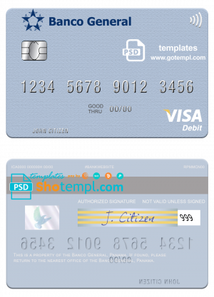 editable template, Panama Banco General visa credit card template in PSD format