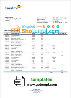 editable template, Panama Banistmo bank statement template in Word and PDF format
