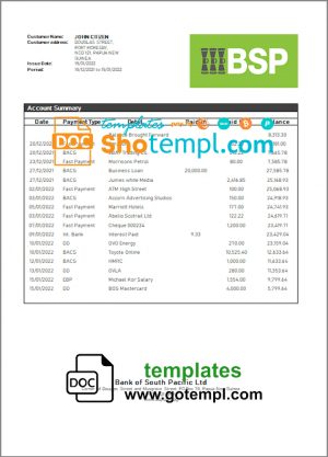 editable template, Papua New Guinea BSP bank statement template in Word and PDF format