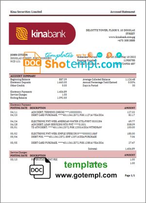 editable template, Papua New Guinea Kina Securities Limites bank statement template in Word and PDF format