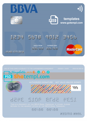 editable template, Paraguay Banco BBVA mastercard credit card template in PSD format