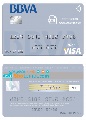 editable template, Paraguay Banco BBVA visa credit card template in PSD format