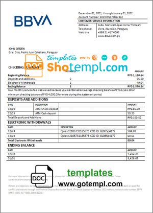 editable template, Paraguay BBVA bank statement template in Word and PDF format