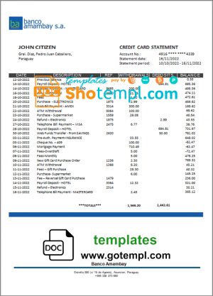 editable template, Paraguay Banco Amambay bank statement template in Word and PDF format