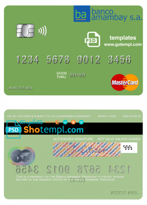 editable template, Paraguay Banco Amambay mastercard credit card template in PSD format