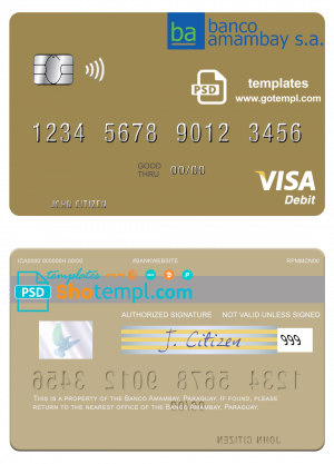 editable template, Paraguay Banco Amambay visa debit card template in PSD format, fully editable