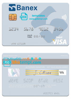 editable template, Peru Banco Banex visa debit card template in PSD format, fully editable