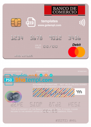 editable template, Peru Banco de Comercio mastercard credit card template in PSD format