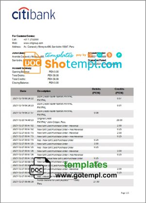 editable template, Peru Citibank bank statement template in Word and PDF format