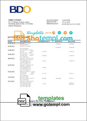editable template, Philippines BDO bank statement template in Word and PDF format