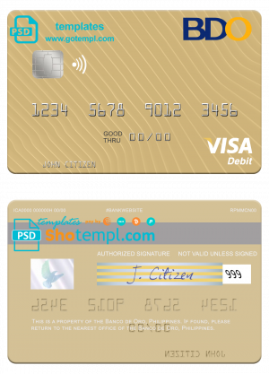 editable template, Philippines Banco de Oro visa debit card, fully editable template in PSD format