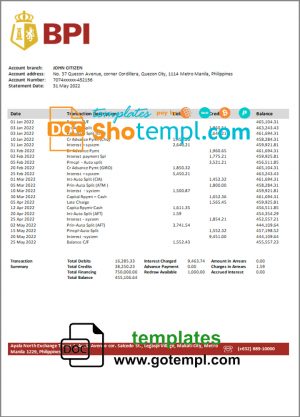 editable template, Philippines Bank of the Philippine Islands bank statement template in Word and PDF format