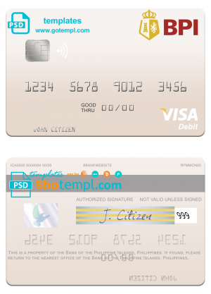 editable template, Philippines Bank of the Philippine Islands visa debit card, fully editable template in PSD format