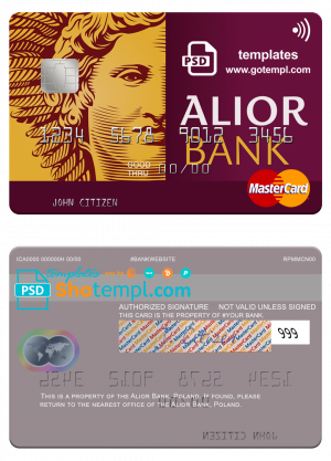 editable template, Poland Alior Bank mastercard, fully editable template in PSD format