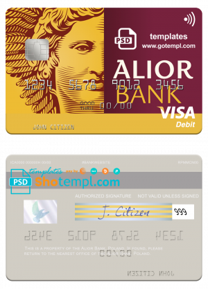 editable template, Poland Alior Bank visa debit card, fully editable template in PSD format