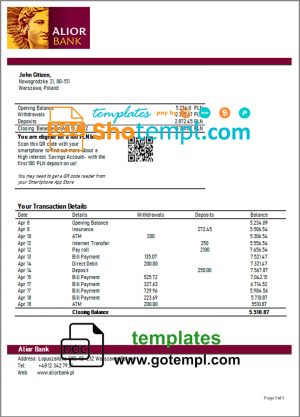 editable template, Poland Alior bank statement template in Word and PDF format