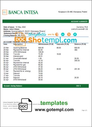 editable template, Poland Banca Intesa bank statement template in Word and PDF format